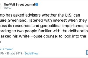 Secondo il Wsj Trump vorrebbe acquistare la Groenlandia, ma la Danimarca non avrebbe intenzione di cederla
