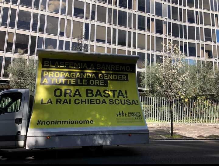 «Saxa Rubra e Viale Mazzini circondati da maxi manifesti contro blasfemia a Sanremo e gender»