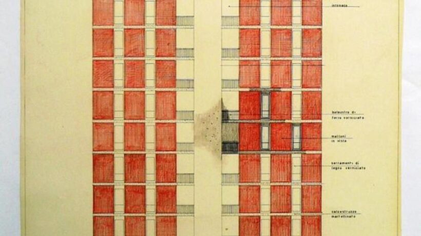 Disegno di uno dei palazzi del quartiere Feltre a Milano (Archivio Baldessari)