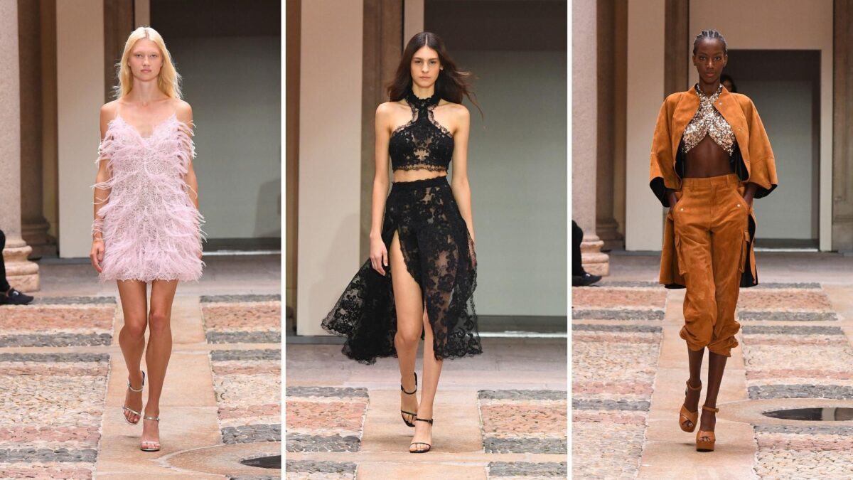 Prada rivisita strascichi e corsetti. Scervino gioca con piume e pizzo