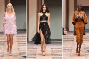 Prada rivisita strascichi e corsetti. Scervino gioca con piume e pizzo