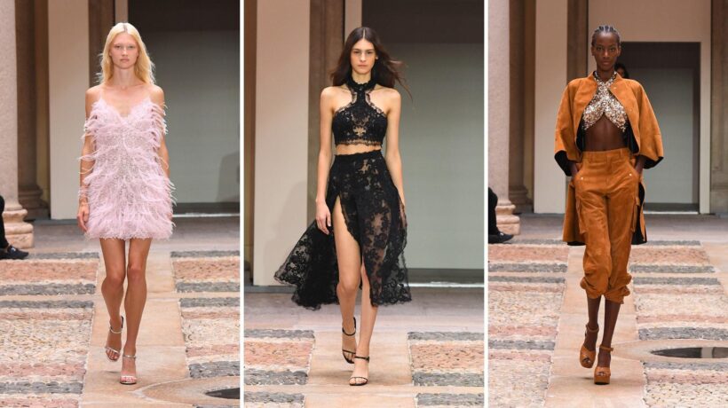 Prada rivisita strascichi e corsetti. Scervino gioca con piume e pizzo