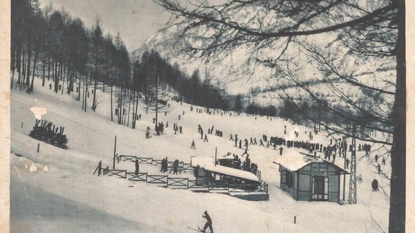 A sinistra la slittovia del Colomion, realizzata da Ugo Carlevaro nel 1934.