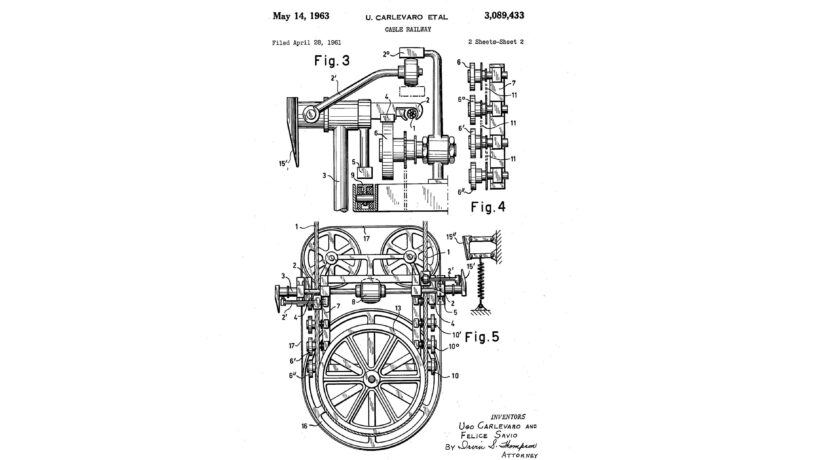 La morsa Carlevaro (in alto) e il disegno di un girostazione (US. Patent Office)