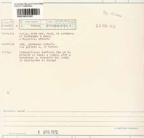 Il brevetto del distanziatore dei pistoncini firmato Italo Breda e Emilio Bombassei (courtesy Giorgio Nada Editore)