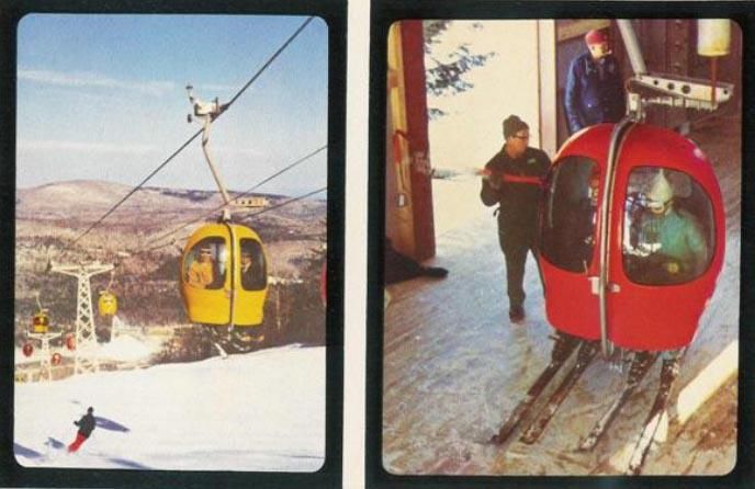 Due immagini della teleseggiovia di Mount Snow, la prima con bolla di protezione e sci ai piedi (Agudio)