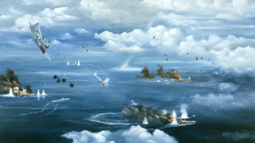 Illustrazione sull'attacco americano alle portaerei nipponiche (Us Navy Archives)