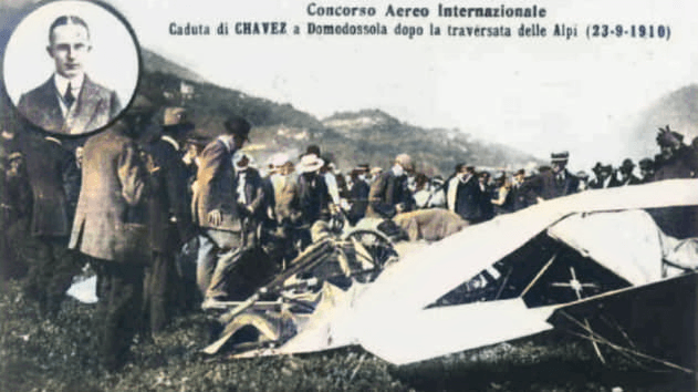I resti del Blériot di Chavez precipitato poco prima dell'atterraggio a Domodossola