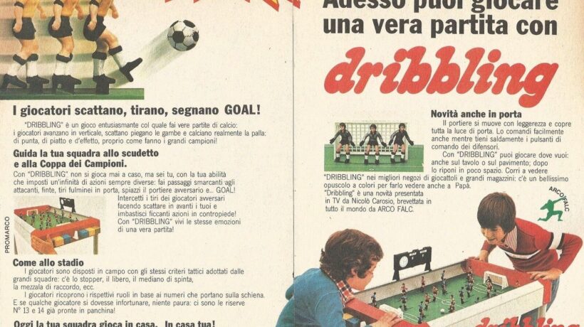 Pubblicità anni Settanta di un calciobalilla giocattolo della Arcofalc.