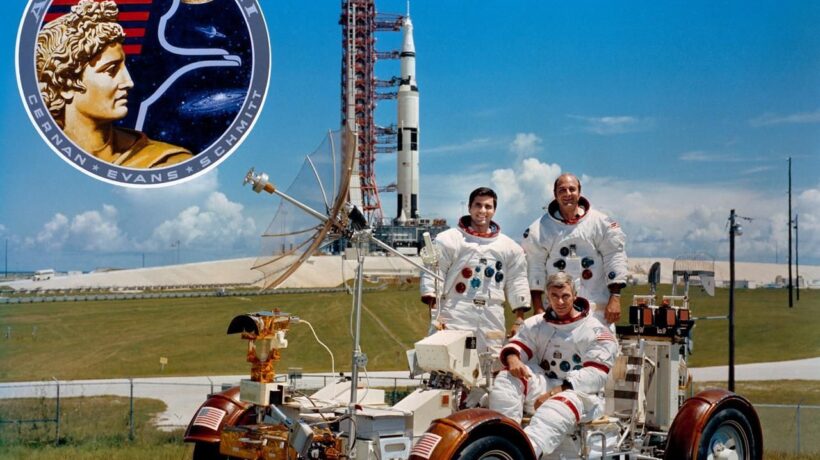 L'equipaggio: da destra Cernan, Evans e Scmitt seduto sul «Rover» (Nasa)