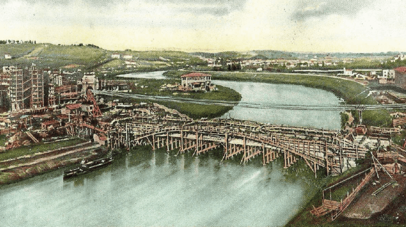 Illustrazione del blondin per la costruzione del primo ponte Flaminio a Roma, 1910.
