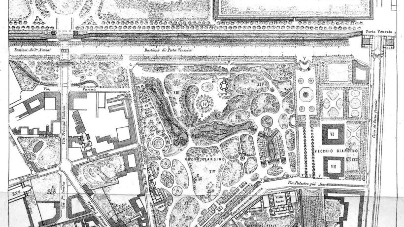 La pianta dei Giardini Pubblici di Milano dove volò l'elicottero di Forlanini (Wikicommons)