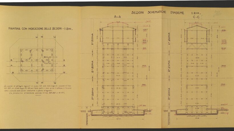 Disegno tecnico della torre piezometrica di Ravenna