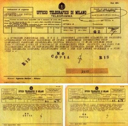 Telegramma all'Agenzia Stefani sul presunto «Ufo crash» avvenuto in Lombardia nel 1933.