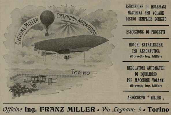 Il dirigibile U-1 in una pubblicità delle officine di Franz Miller a Torino