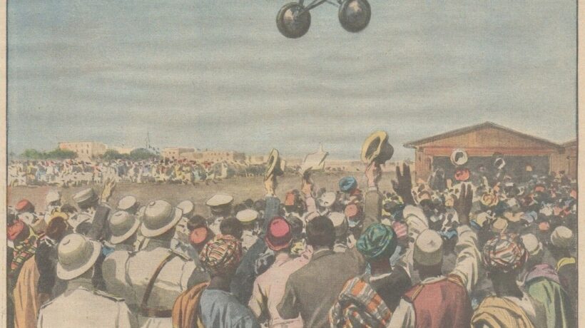 Disegno celebrativo di Achille Beltrame per il volo Roma-Mogadiscio di Francis Lombardi