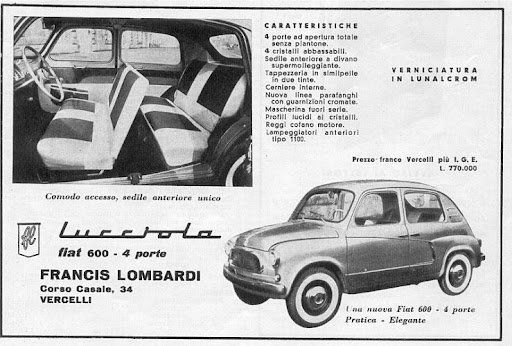 Pubblicità della Fiat «600 Lucciola» a 4 porte della Carrozzeria Francis Lombardi