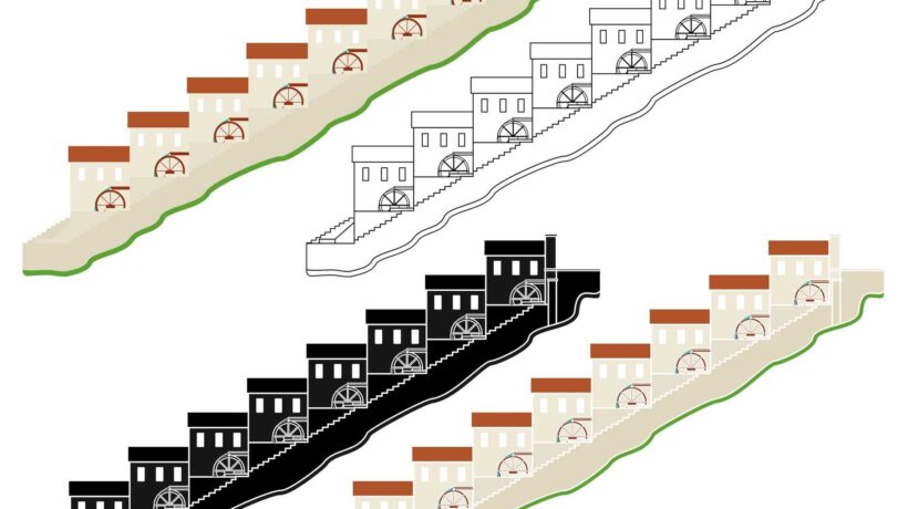 Un rendering della disposizione delle macine lungo il ripido fianco della collina (IStock)