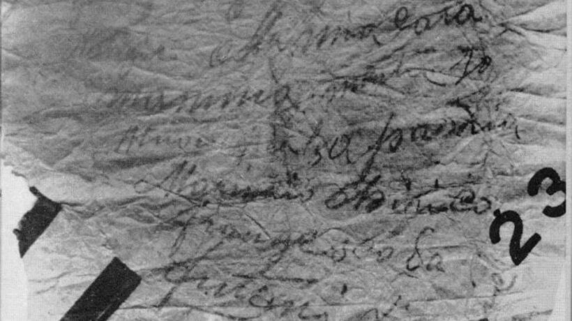 Il messaggio del marinaio Francesco Chirico contenuto nella bottiglia ritrovata il 10 agosto 1952 sulla spiaggia di Villasimius (Cagliari)