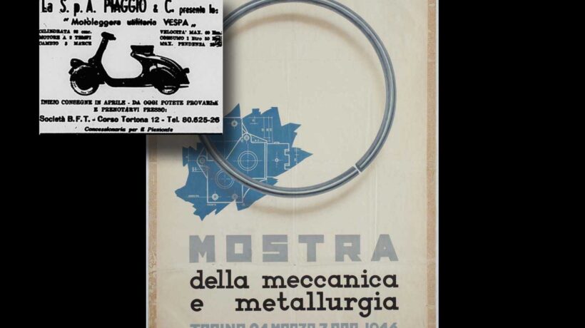 Il manifesto della Mostra di Torino dove fu presentata in anteprima la Vespa e la prima pubblicità sui giornali