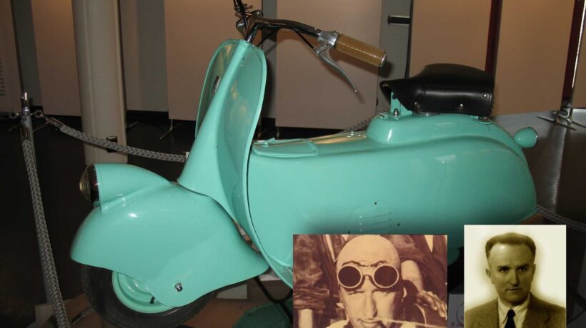 Il prototipo Mp-5 «Paperino» del 1944. Nei riquadri Carlo Maria Trossi e Renzo Spolti