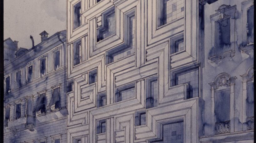 Piero Portaluppi, Tre case nuove strambe . Progetto per l’edificio S.T.T.S. a Milano in corso Sempione, soluzione 2, 1926 (Fondazione Portaluppi-FAI)