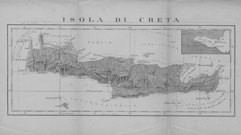 Carta nautica militare dell'isola di Creta con le zone di influenza della coalizione internazionale
