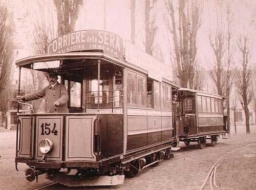 Tram Edison a Milano nel 1898. Furono le prime vetture mosse dall'elettricità della centrale Bertini