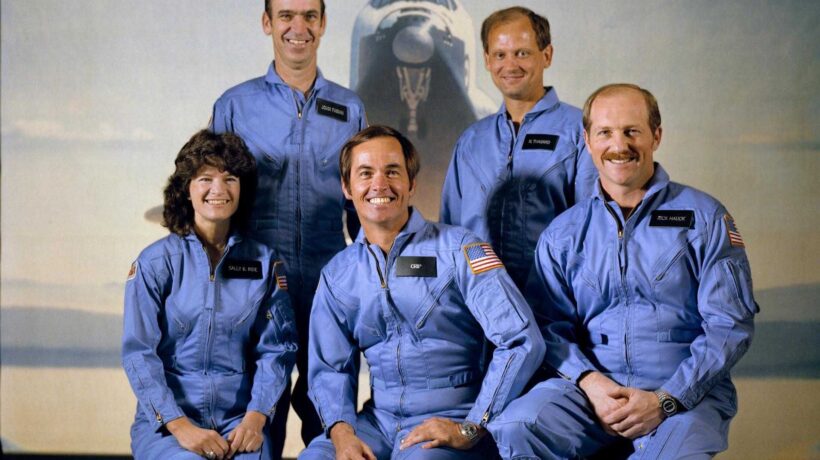Sally Ride con l'equipaggio della missione Shuttle STS-7 (Nasa)