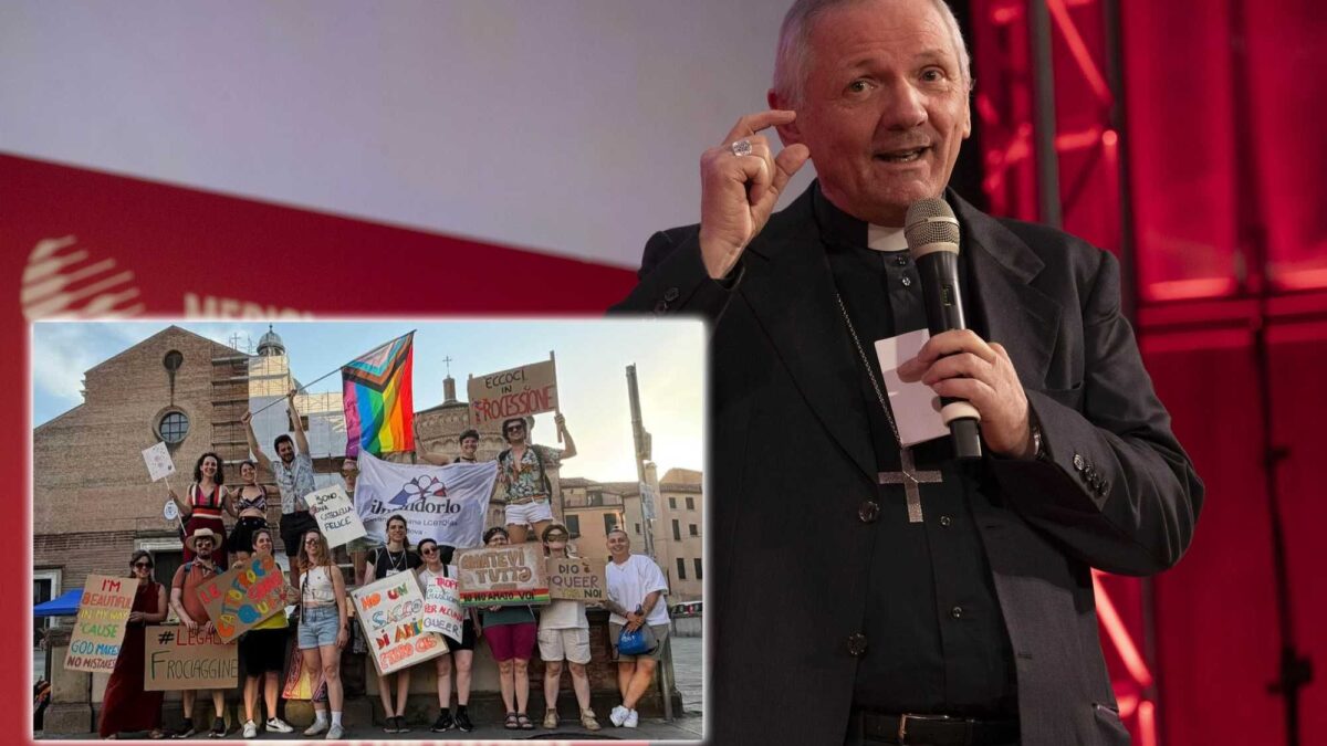 Il vescovo che coccola i «cattofroci» umiliato dal cartello «Dio è queer»