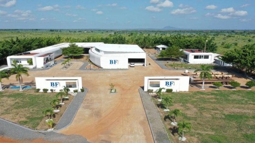 Veduta aerea del complesso moderno di BFuture Farm di BF in Ghana, composto da edifici bianchi e piazzali circondati da campi agricoli