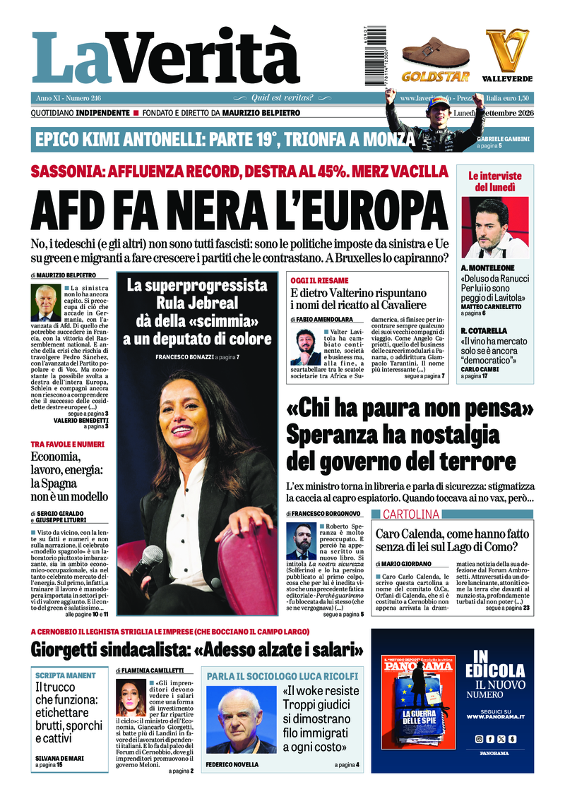 La prima pagina de La Verità di lunedì 7 settembre 2026