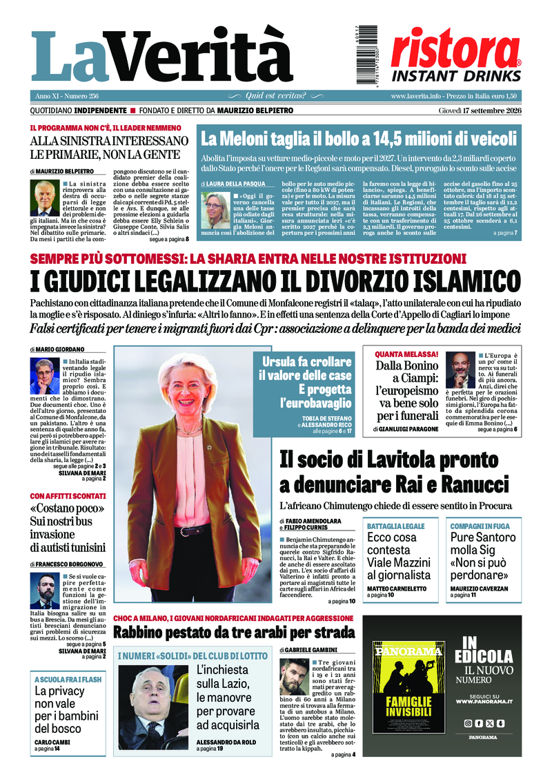 La prima pagina de La Verità di giovedì 17 settembre 2026