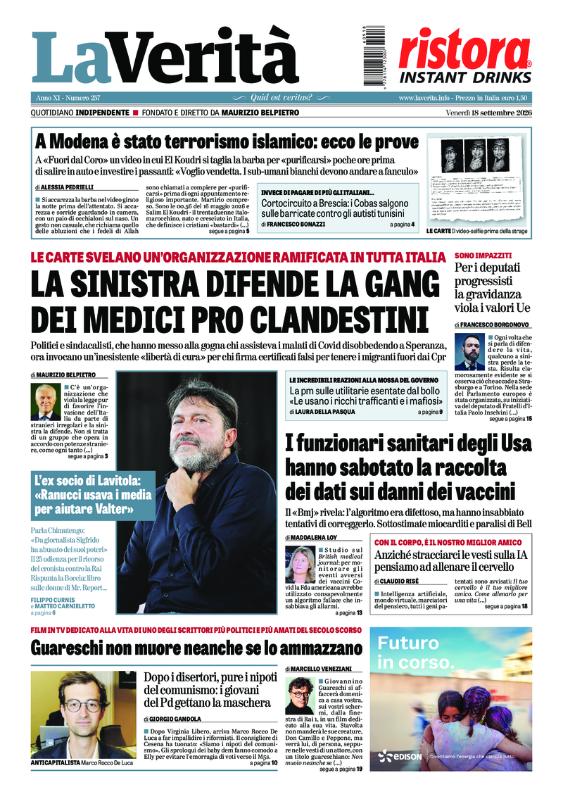 La prima pagina de La Verità di venerdì 18 settembre 2026