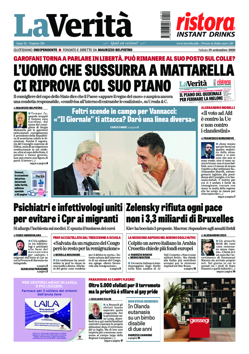 La prima pagina de La Verità di sabato 19 settembre 2026