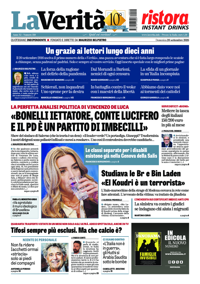 La prima pagina de La Verità di domenica 20 settembre 2026