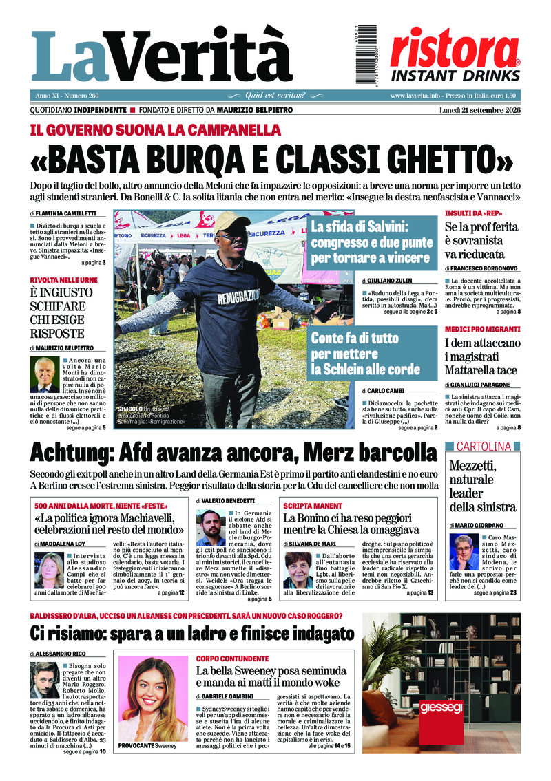 La prima pagina de La Verità di lunedì 21 settembre 2026