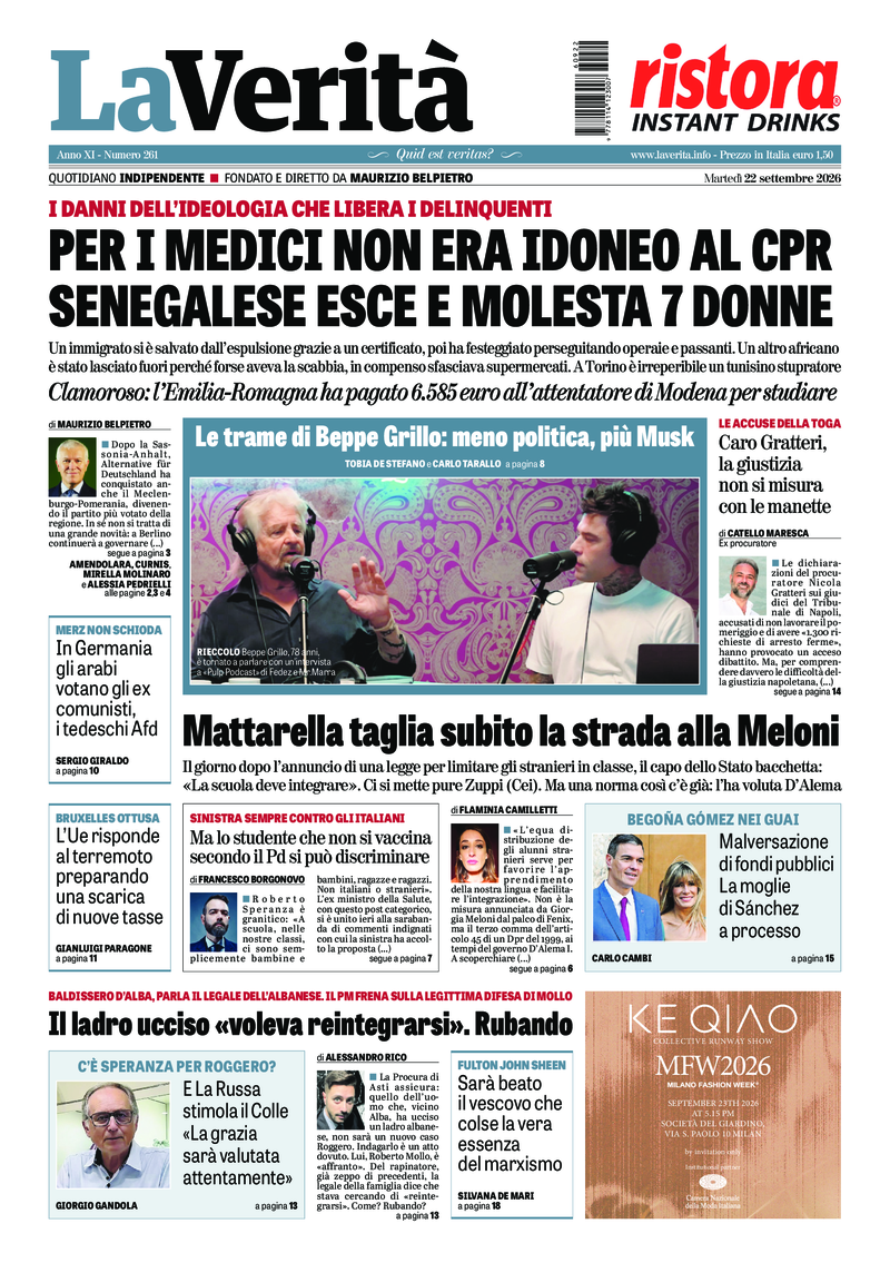 La prima pagina de La Verità di martedì 22 settembre 2026