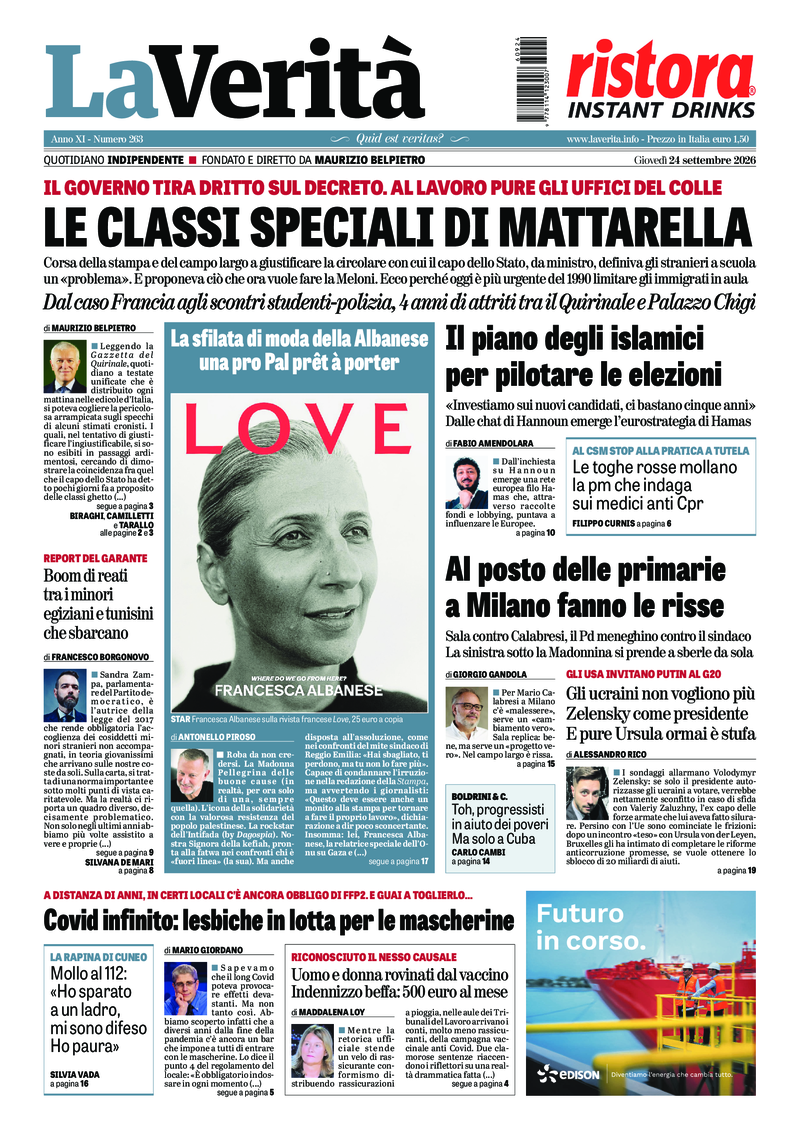La prima pagina de La Verità di giovedì 24 settembre 2026