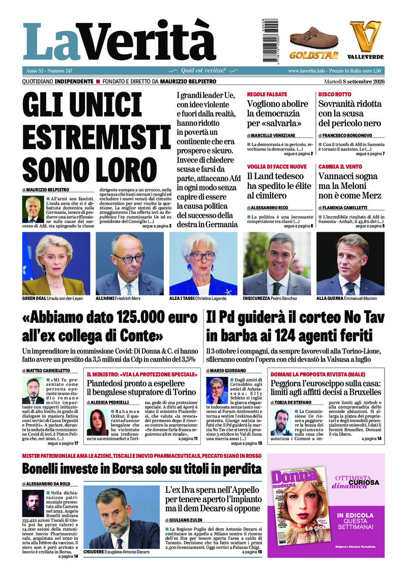 La prima pagina de La Verità di martedì 8 settembre 2026