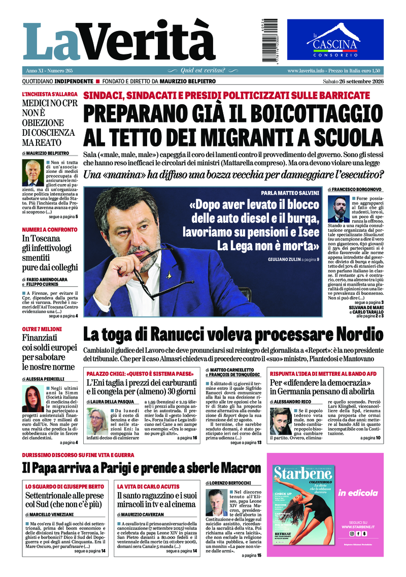 La prima pagina de La Verità di sabato 26 settembre 2026