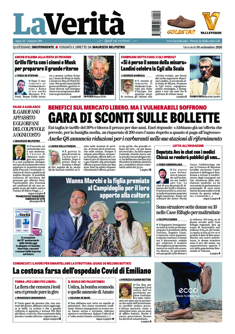 La prima pagina de La Verità di mercoledì 30 settembre 2026