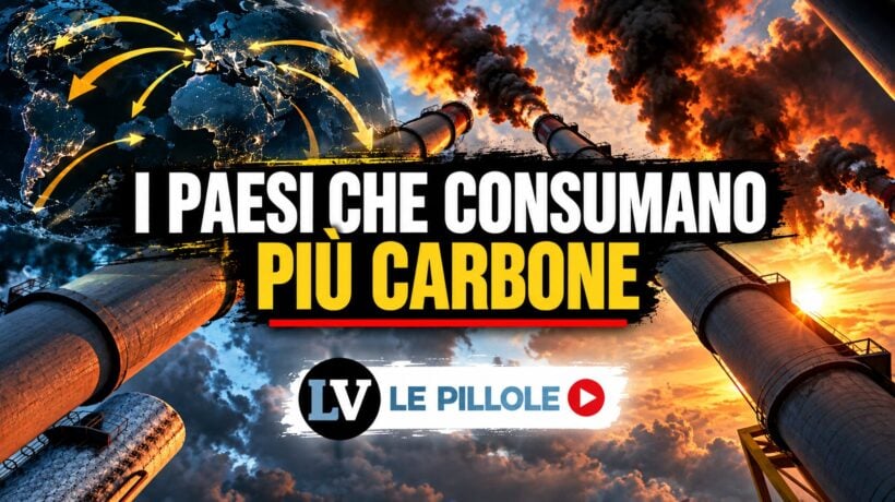 Grafica informativa con il titolo "I paesi che consumano più carbone", un globo terrestre con frecce di collegamento e ciminiere industriali che emettono fumo scuro su uno sfondo infuocato