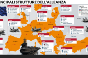 Infografica con la mappa delle basi Nato e delle installazioni militari statunitensi in Europa