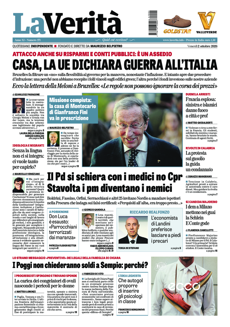 La prima pagina de La Verità di venerdì 2 ottobre 2026