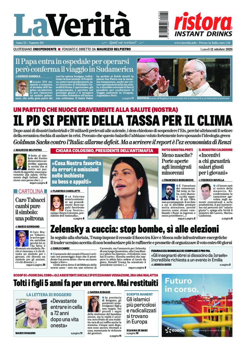 La prima pagina de La Verità di lunedì 12 ottobre 2026