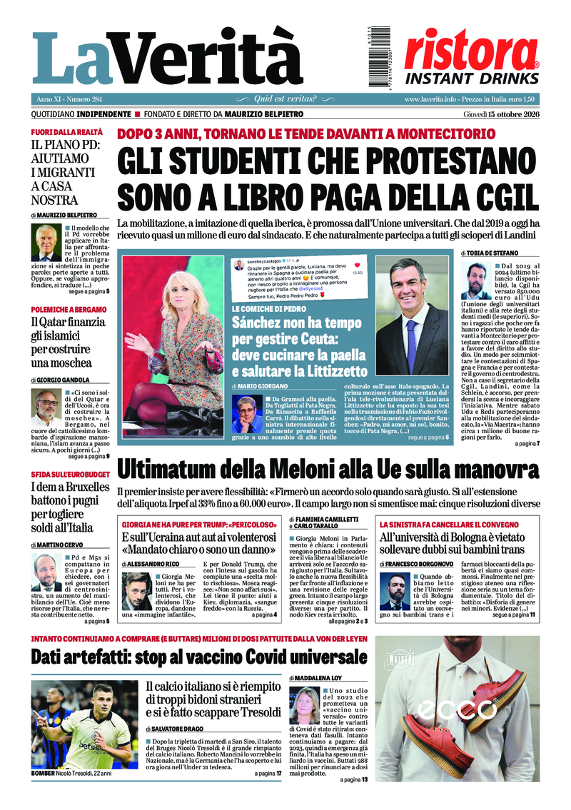 La prima pagina de La Verità di giovedì 15 ottobre 2026