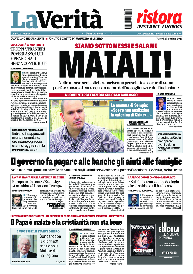 La prima pagina de La Verità di venerdì 16 ottobre 2026