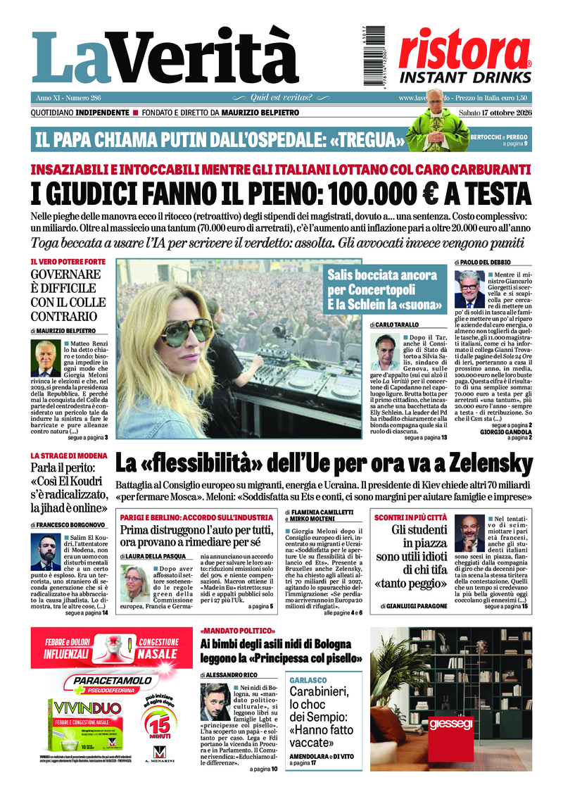 La prima pagina de La Verità di sabato 17 ottobre 2026