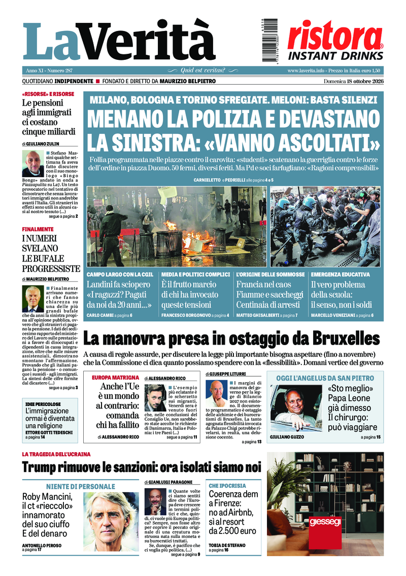 La prima pagina de La Verità di domenica 18 ottobre 2026